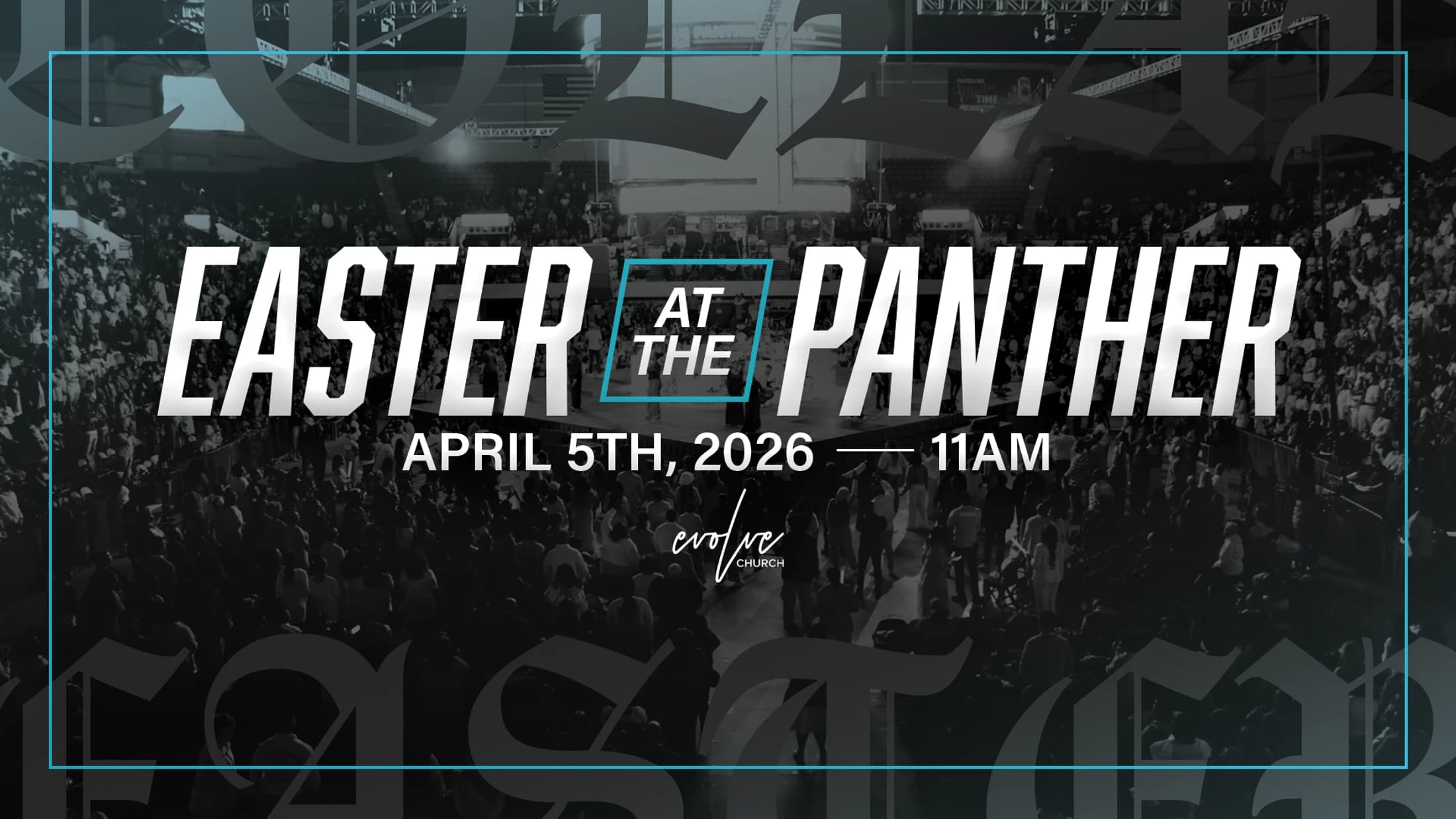 A promotional graphic for an event called 'Easter at the Panther' on April 5th, 2026 at 11am. The background shows a crowd in an arena.